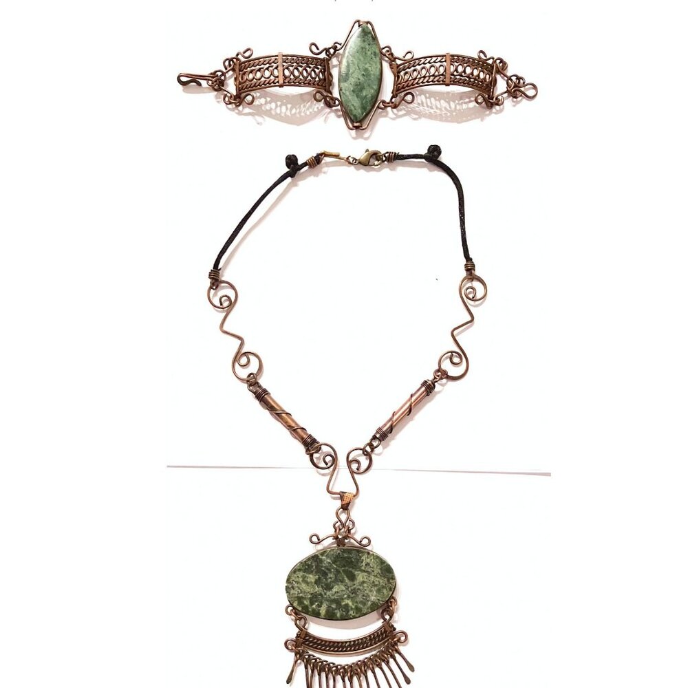 Handmade, boho, statement necklace and bracelet set, nephrite jade, copper wire